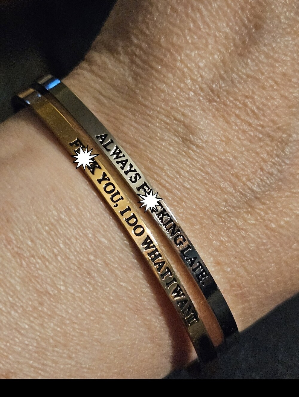 Funny Mantra Cuff Bracelets Set- Always Fcking Late & Fck You, I Do What I Want